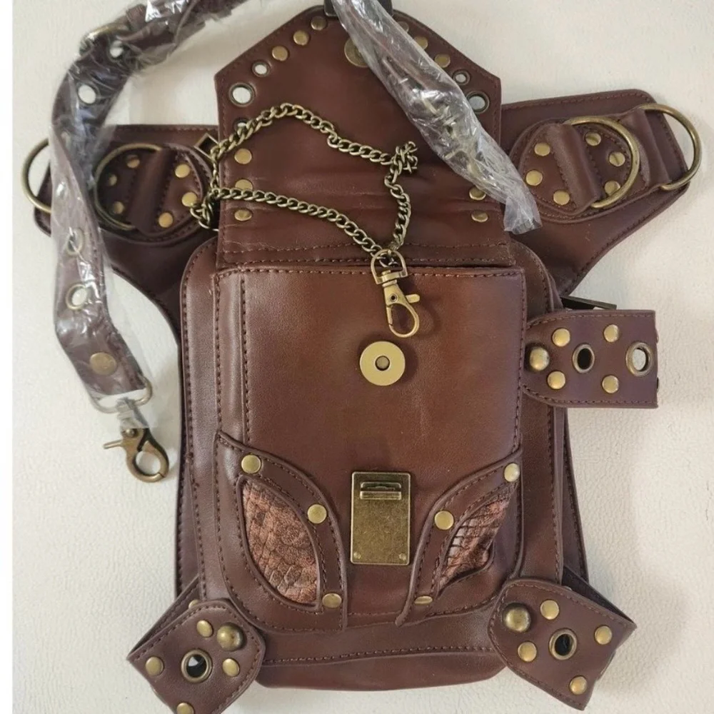Steampunk Brown Faux Leather Drop Leg Bag Utility Holster Waist Pack Rivets New.